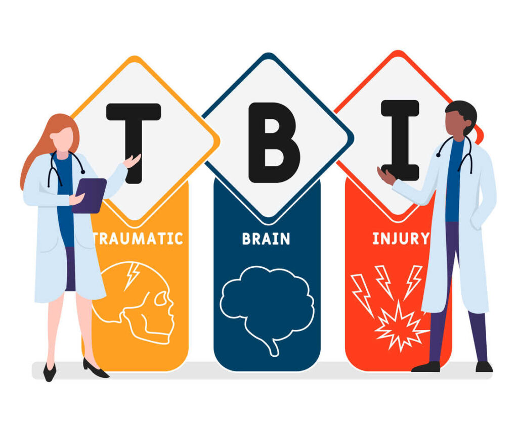Illustration of two doctors standing next to a TBI (Traumatic Brain Injury) graphic, highlighting the potential for behavioral changes as a result of brain injuries, with symbols of a brain, skull, and injury.